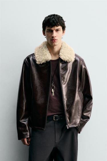 Zara COMBINATION VINYL FINISH JACKET - Dark brown