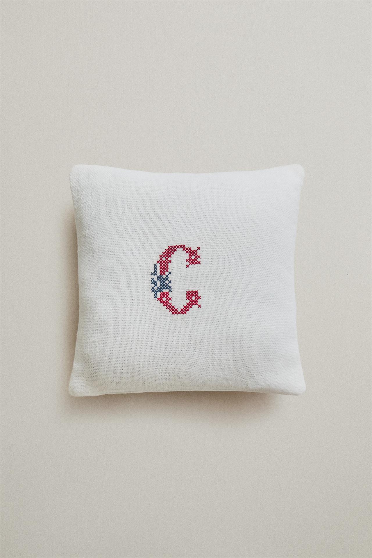 LETTER C EMBROIDERED LINEN CUSHION — Ecru
