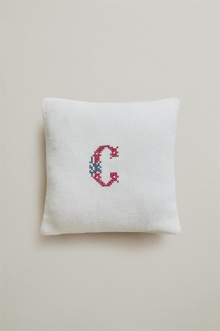 LETTER C EMBROIDERED LINEN CUSHION — Ecru