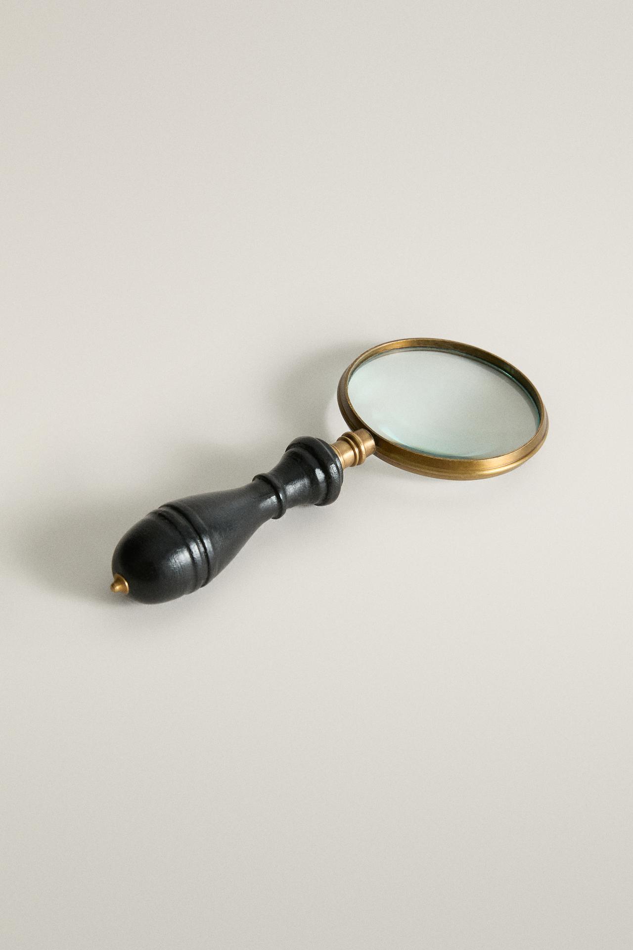 BRASS AND WOOD MAGNIFYING GLASS — Multicolored