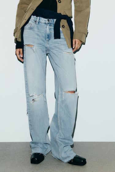 TRF RIPPED MID-WAIST WIDE-LEG JEANS - Light blue by Zara