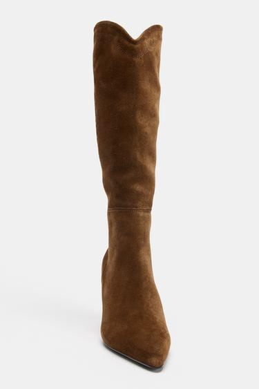 Zara STITCHED SPLIT LEATHER HEELED BOOTS - Brown