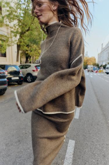 PULLOVER IN MAGLIA CON BORDI A CONTRASTO - Taupe di Zara