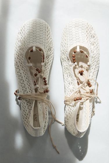Zara BEADED CROCHET BALLET FLATS - Off White