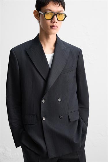 BLAZER COSTUME À CHEVRONS LIN - COTON - Bleu marine de Zara - Image 6