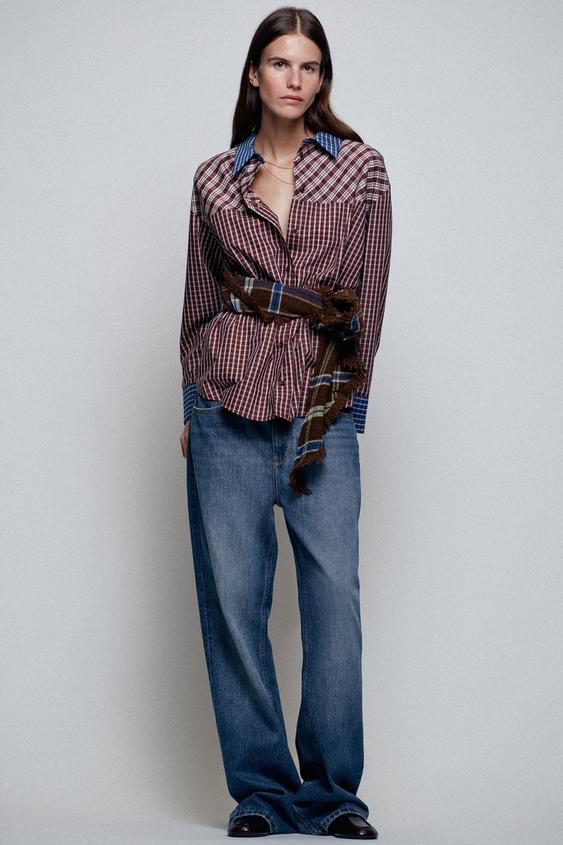 Женская рубашка Zara Patchwork Check, цвет: Разноцветный