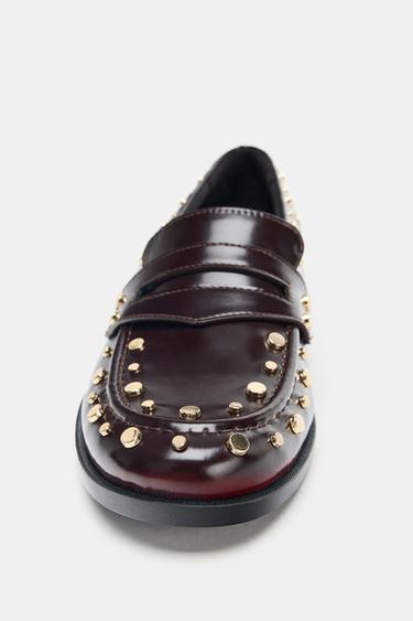 Zara STUDS DETAIL LOAFERS - Burgundy Red