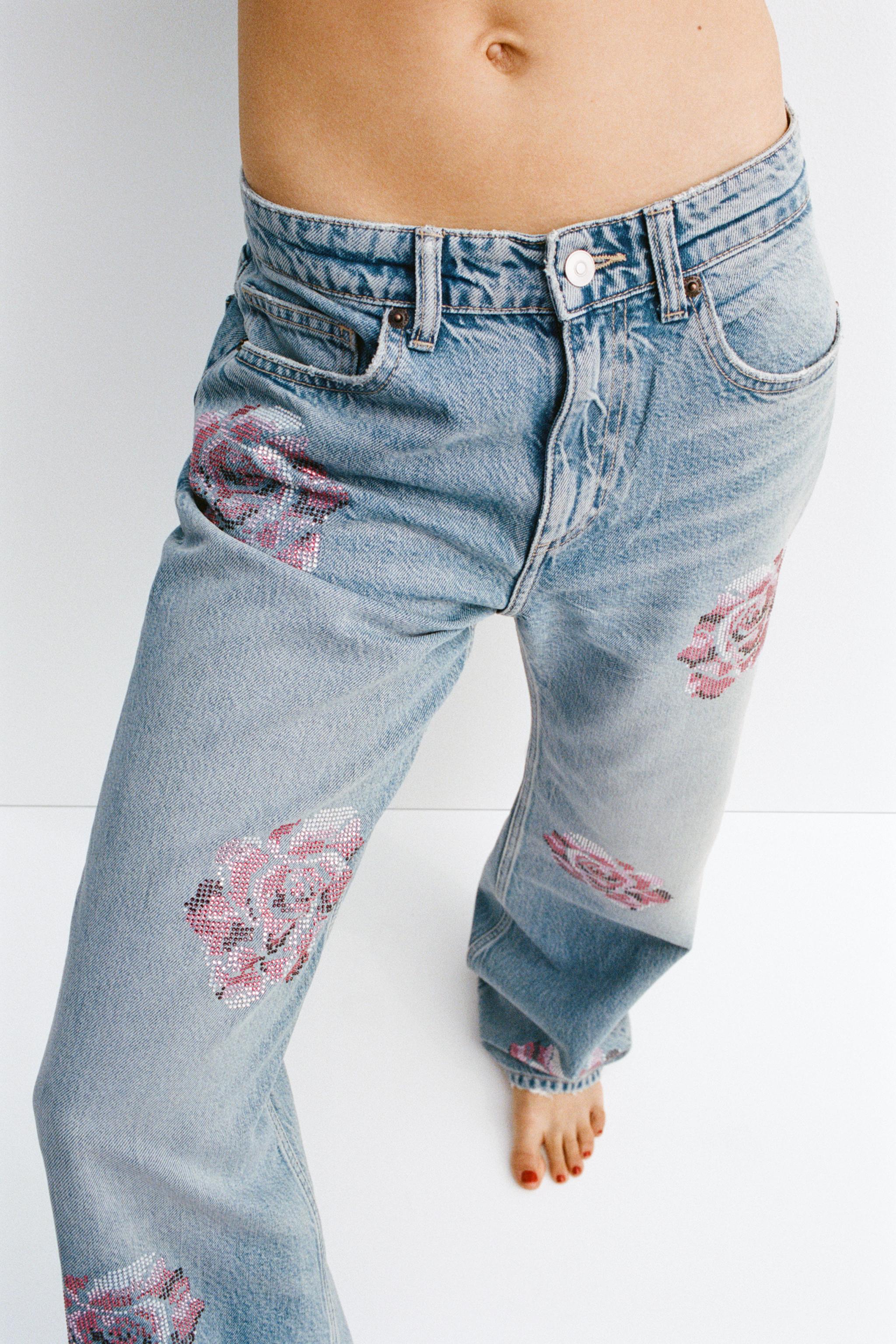 TRF SLOUCHY RHINESTONE MID-WAIST JEANS - Blue | ZARA New Zealand
