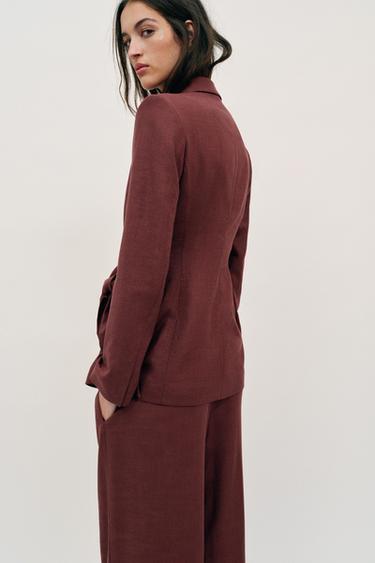 DOUBLE-BREASTED LINEN BLEND BLAZER WITH TIE DETAIL - Rust by Zara - Image 4