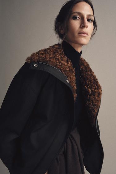 Zara ZW COLLECTION FLEECE BOMBER JACKET - Black