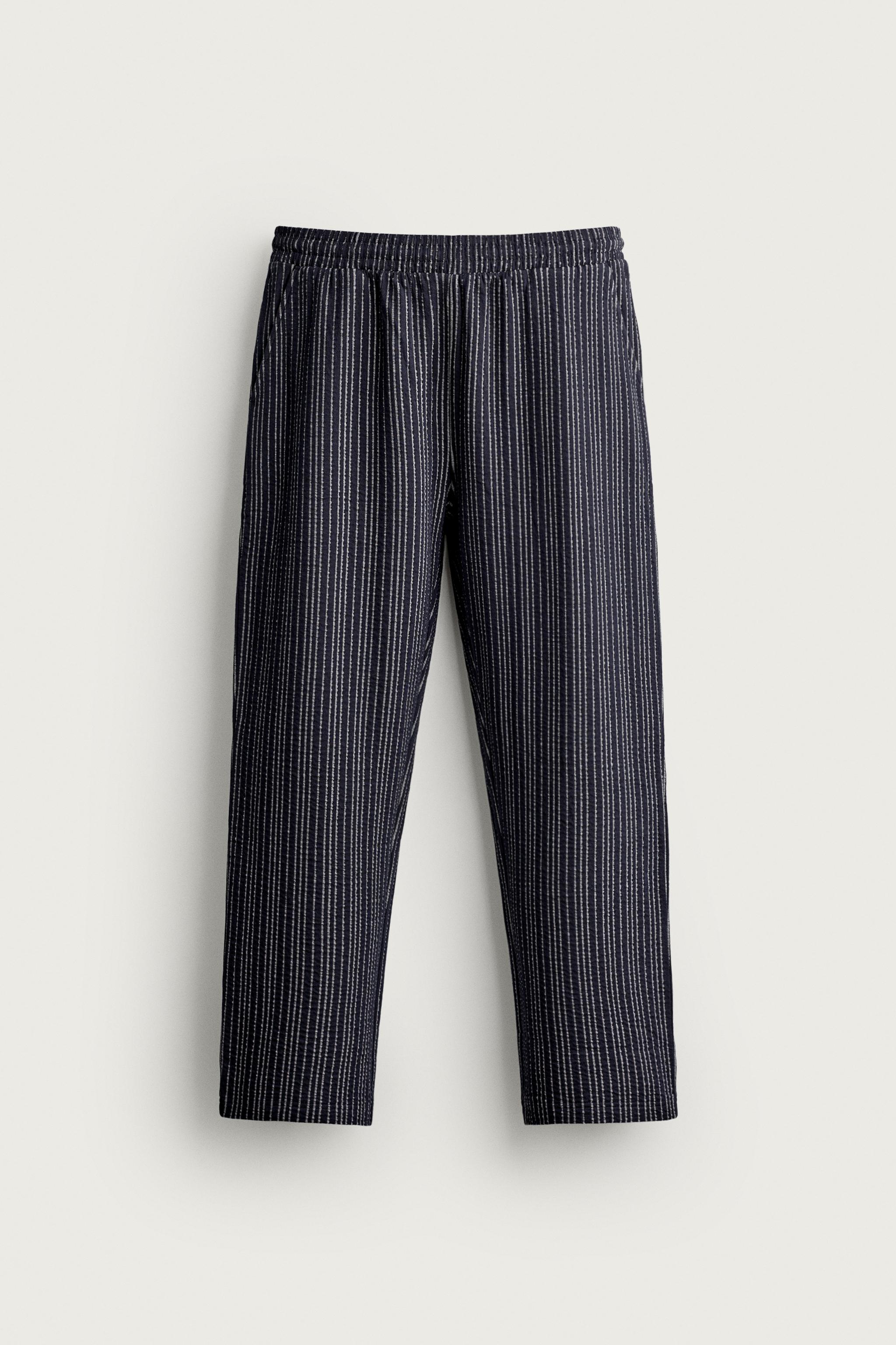 CONTRAST SEERSUCKER RELAXED FIT PANTS - Navy / White | ZARA United