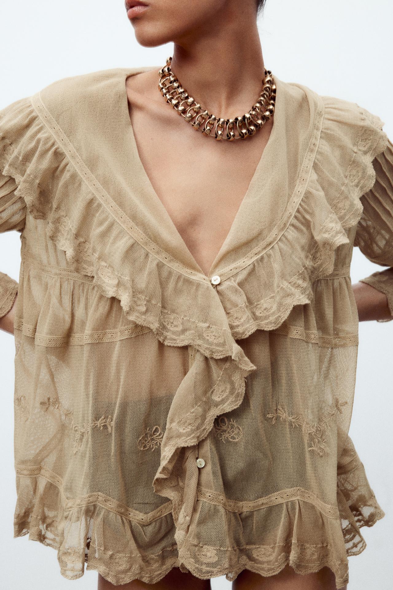 EMBROIDERED TULLE TOP WITH RUFFLES