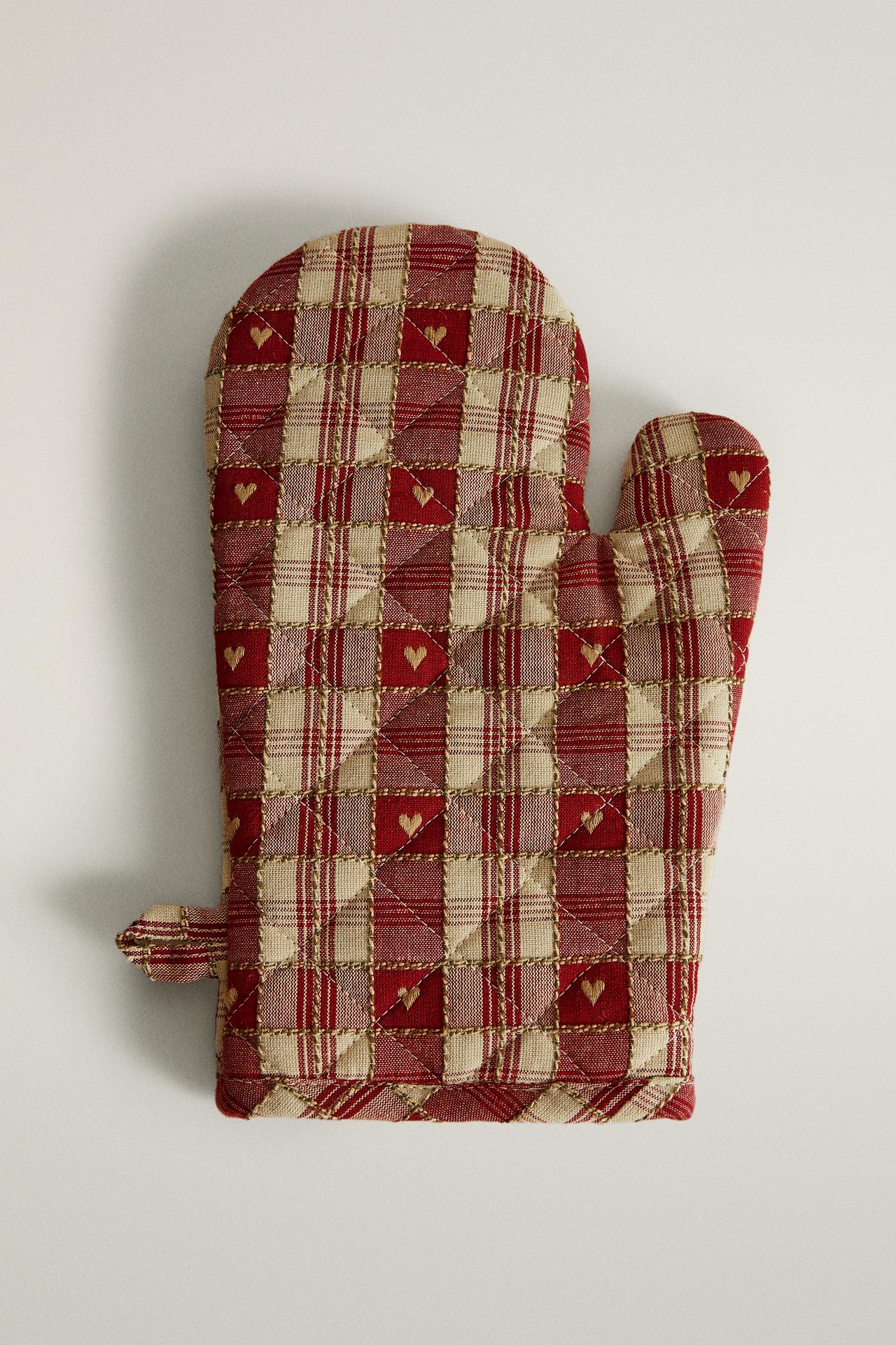 CHRISTMAS HEART AND CHECK COTTON KITCHEN OVEN GLOVE
