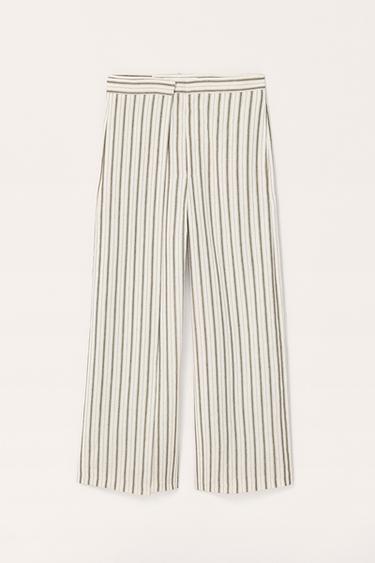 Zara LIMITED EDITION STRIPED LINEN PANTS - Ecru