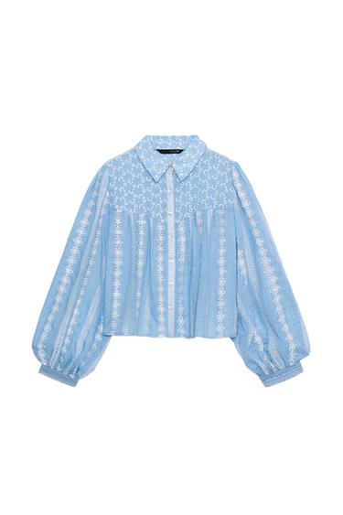 ROMANTIC BLOUSE WITH CUTWORK EMBROIDERY - Blue/White by Zara