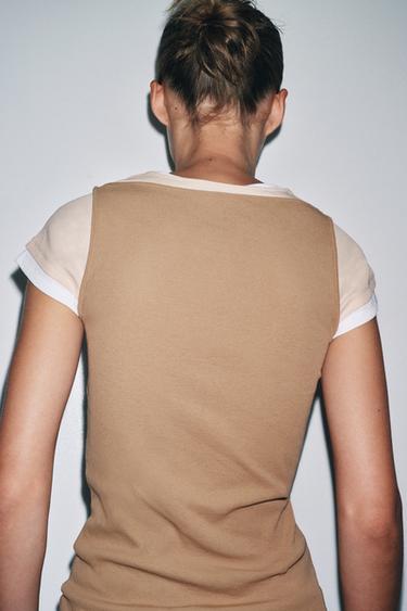 CONTRAST LAYERED T-SHIRT - Light brown by Zara - Image 3