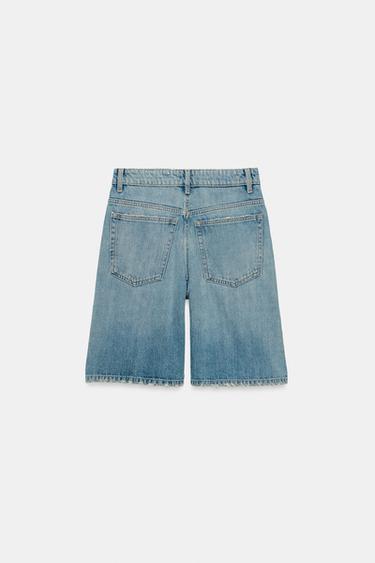 TRF MID-WAIST RIPPED BAGGY DENIM BERMUDA SHORTS - Blue by Zara
