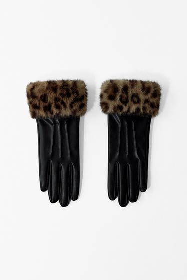 FAUX LEATHER FAUX FUR ANIMAL PRINT GLOVES - Black by Zara