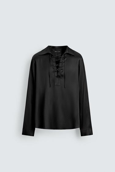 FLOWING POLO SHIRT WITH DRAWSTRING - Black by Zara