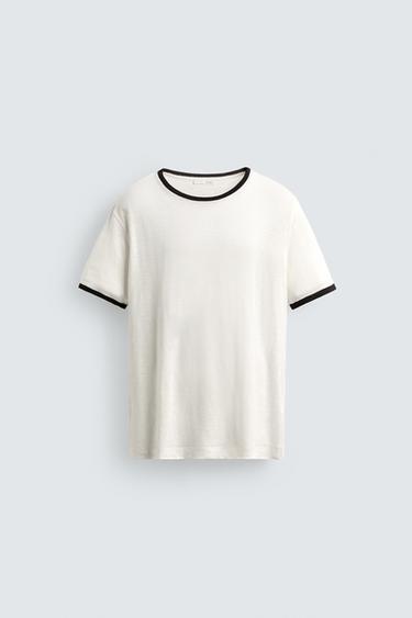 CAMISETA REGULAR FIT CONTRASTE MEZCLA LINO - Blanco roto de Zara