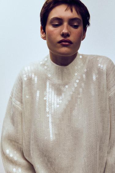 JERSEY OVERSIZE LENTEJUELAS CON ALPACA Y LANA - Crudo de Zara