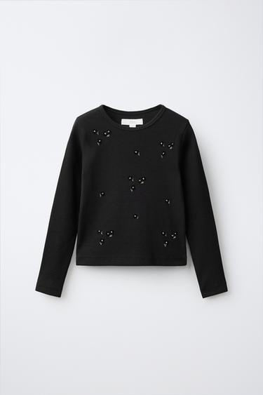 EMBROIDERED FAUX PEARL RIB T-SHIRT - Black by Zara