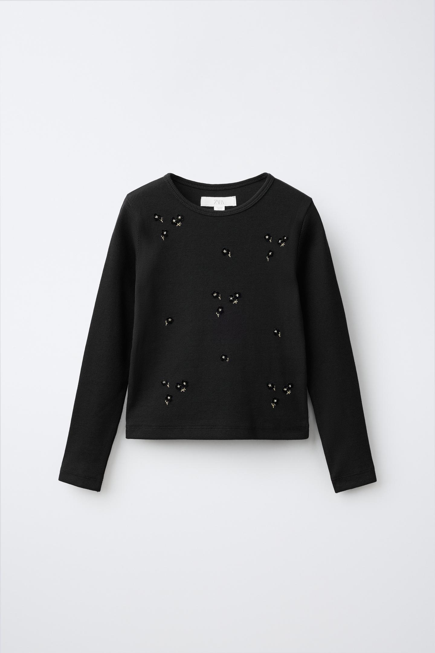 Детская футболка Zara Pearl Embroidered Rib, цвет: Чёрный — фото 1