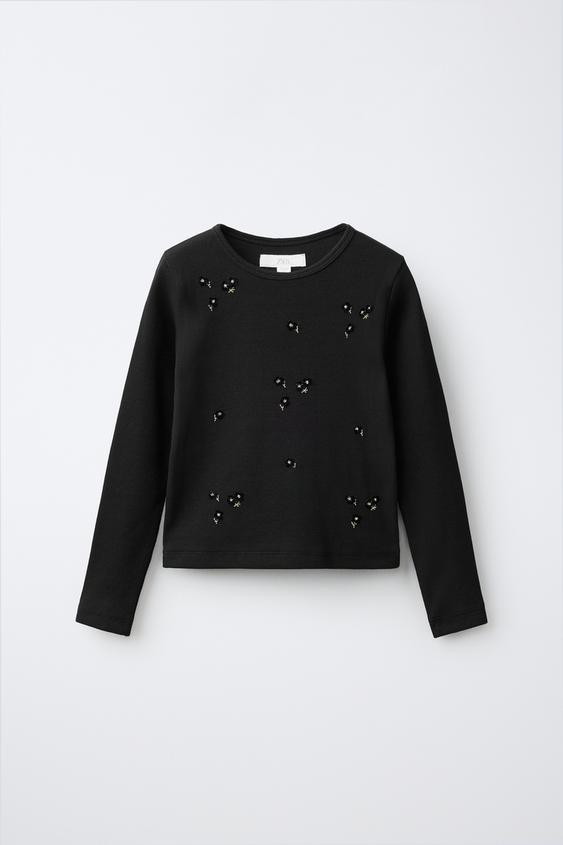 PLAYERA RIB BORDADO PERLAS - Negro de Zara - Imagen 0