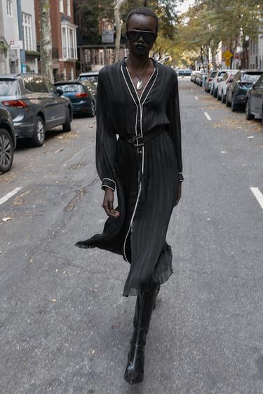 PLEATED MIDI DRESS WITH CONTRAST PIPING BELT - Black by Zara - Image 1