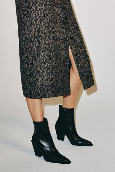 Zara LEATHER COWBOY ANKLE BOOTS - Black