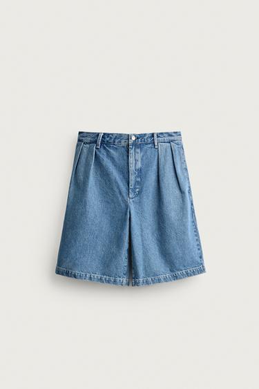 BERMUDA CHINO DENIM RELAXED FIT PLIEGUES - Azul de Zara