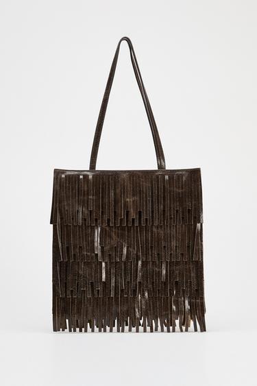FRINGED LEATHER BAG - Brown by Zara