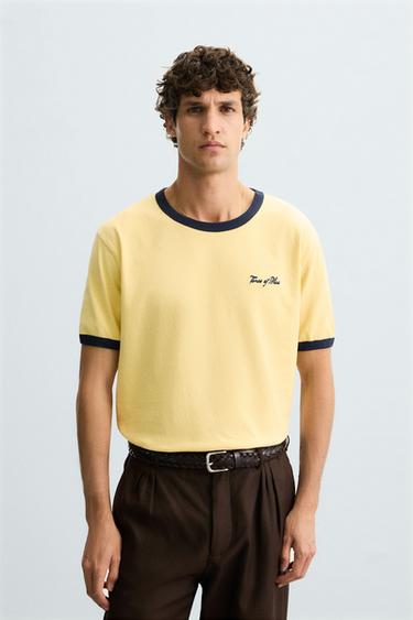 Zara WASHED RIB EMBROIDERED T-SHIRT - Yellow