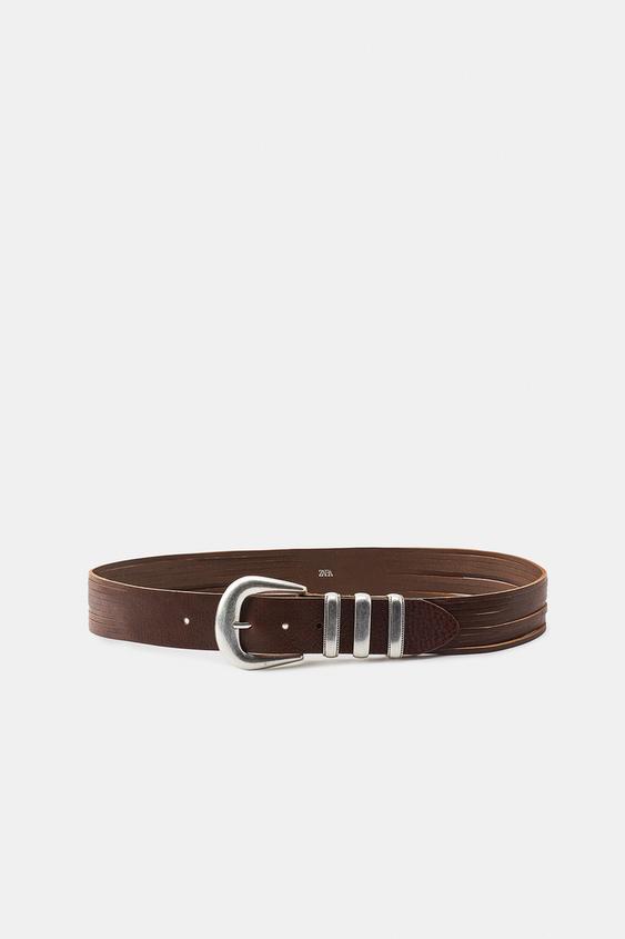 LEATHER BELT WITH METAL LOOPS - Brown by Zara - Image 0