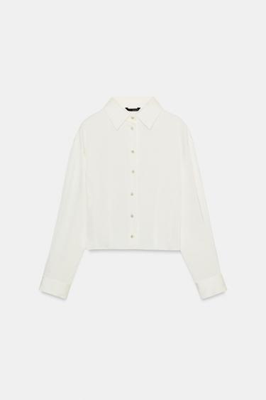 Zara SATIN EFFECT FITTED WAIST SHIRT - Ecru