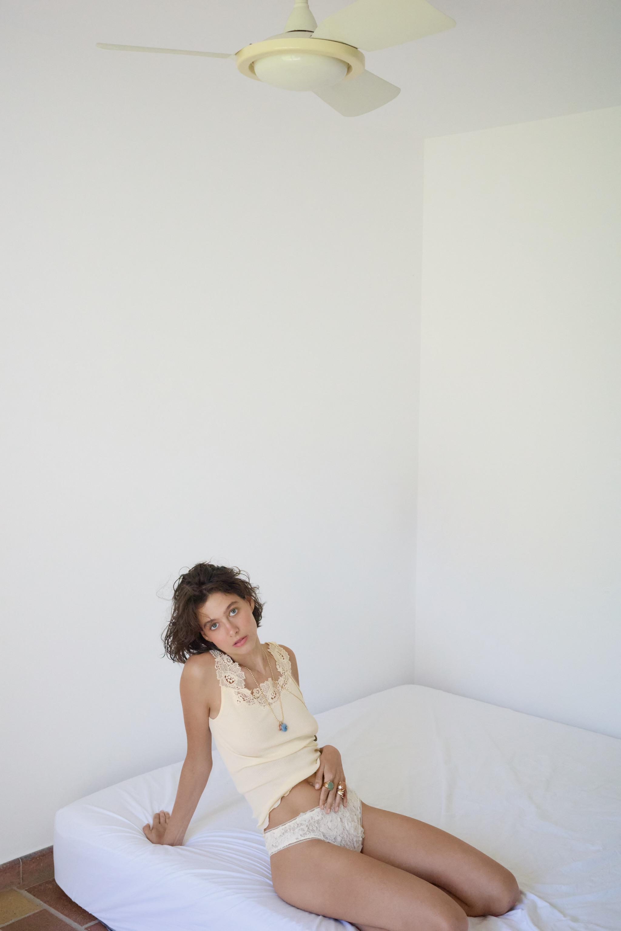 RIB KNIT LACE TOP — Ecru