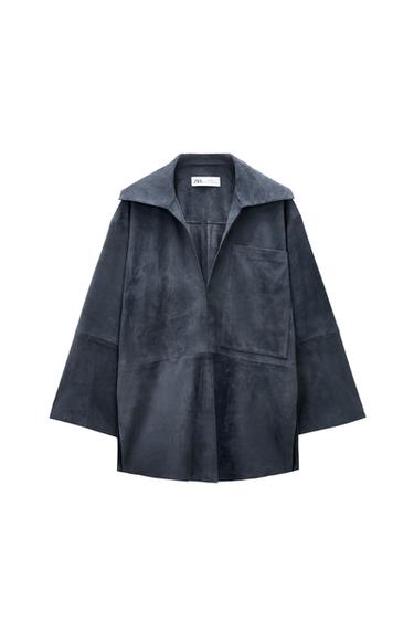 Zara LIMITED EDITION SUEDE LEATHER POCKET SHIRT - Anthracite grey