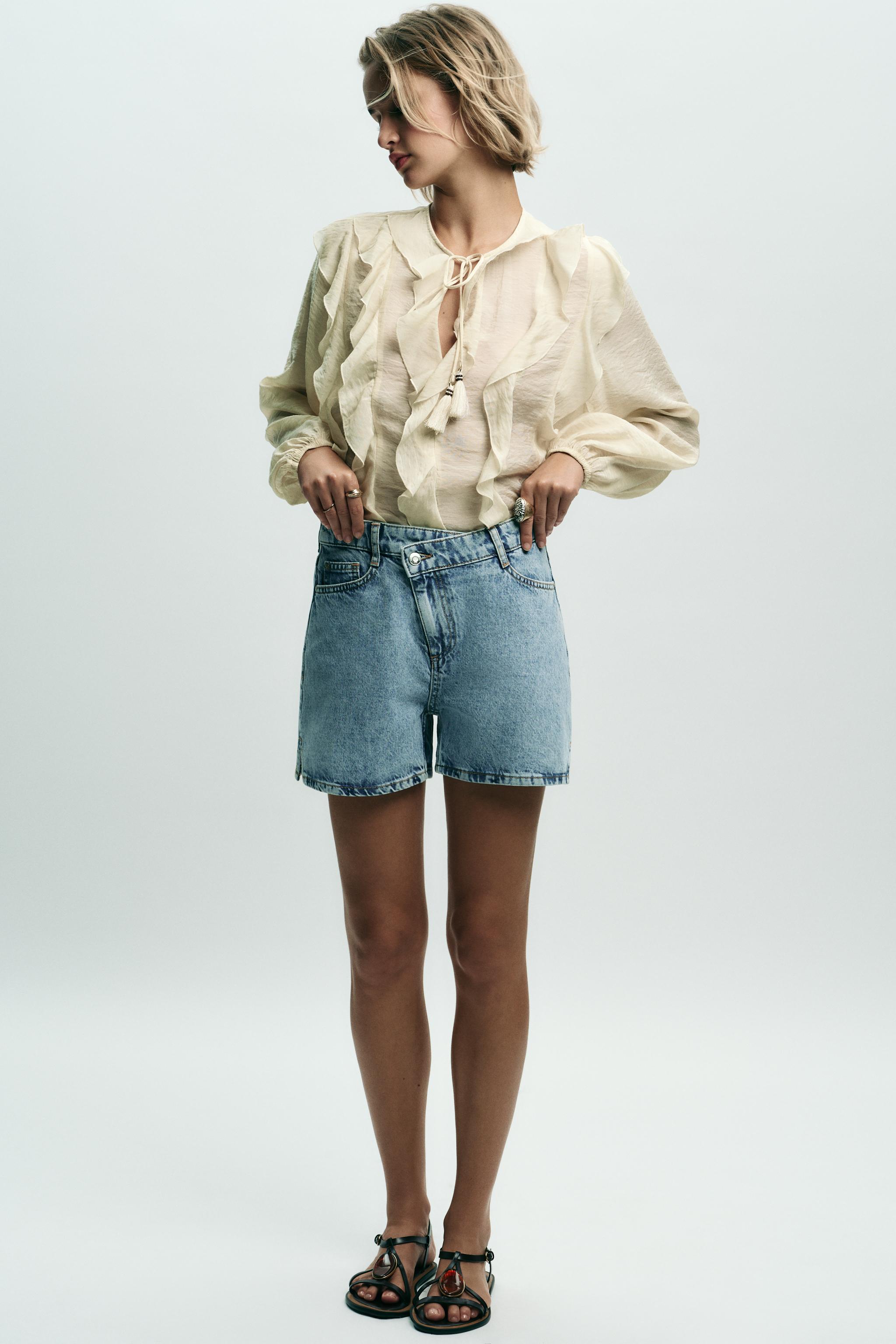 ショートパンツ Denim Shorts Zara HIGH-WAISTED STRAIGHT LEG LONG LENGTH SHORTS Z1975