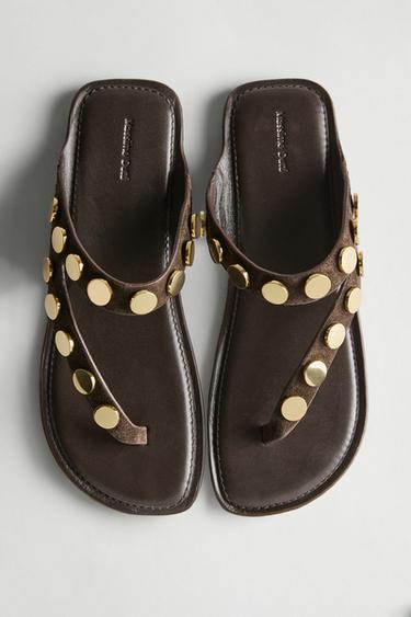 Zara Split leather sandals with studs - Brown - Image 0