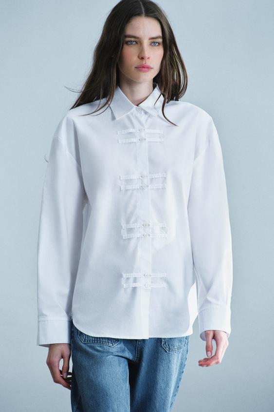 ZW COLLECTION OXFORD SHIRT WITH FROG FASTENING - White by Zara - Image 3