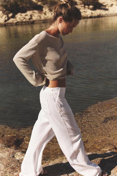 LINEN BLEND WIDE-LEG TROUSERS WITH BUCKLES - White by Zara - Image 1