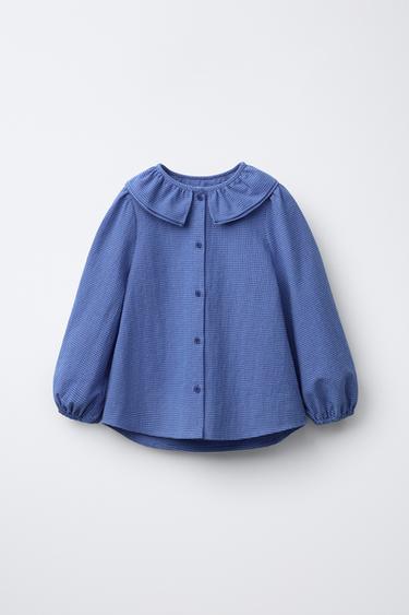 Zara GINGHAM CHECK DOUBLE COLLAR SHIRT - Cornflower blue