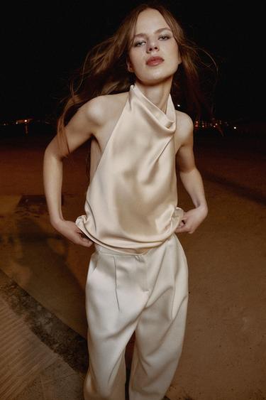 SATIN HALTER TOP - Ecru by Zara