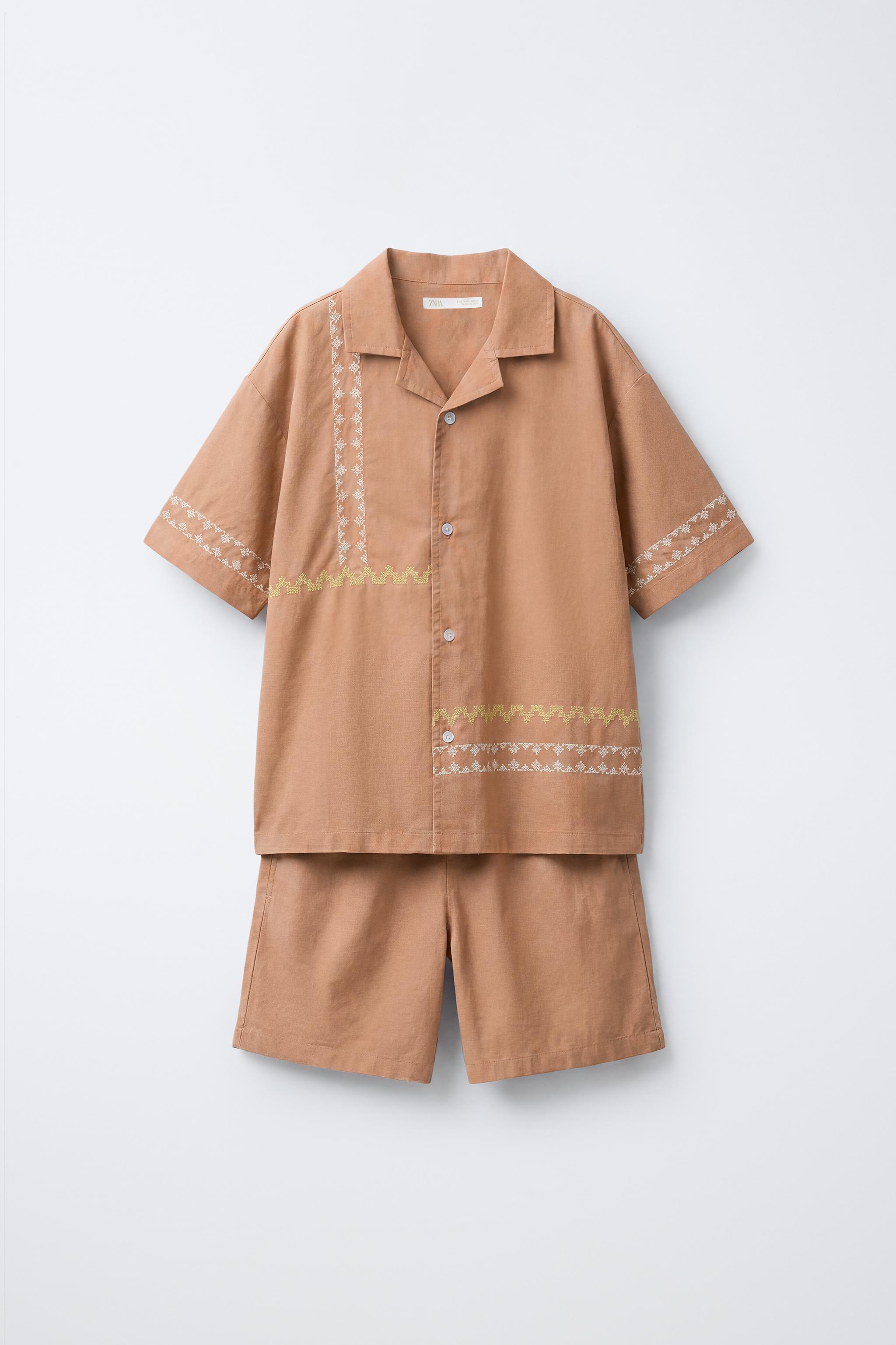 6-14歳/刺繍入りシャツパジャマ - ブラウン | ZARA Japan / 日本