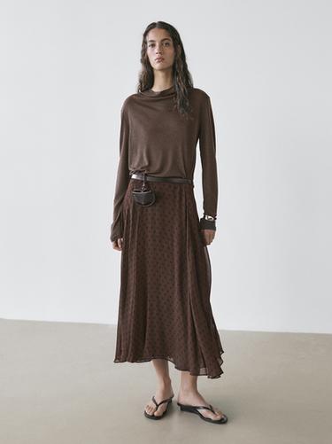 Zara Flared polka dot midi skirt - Brown - Image 0