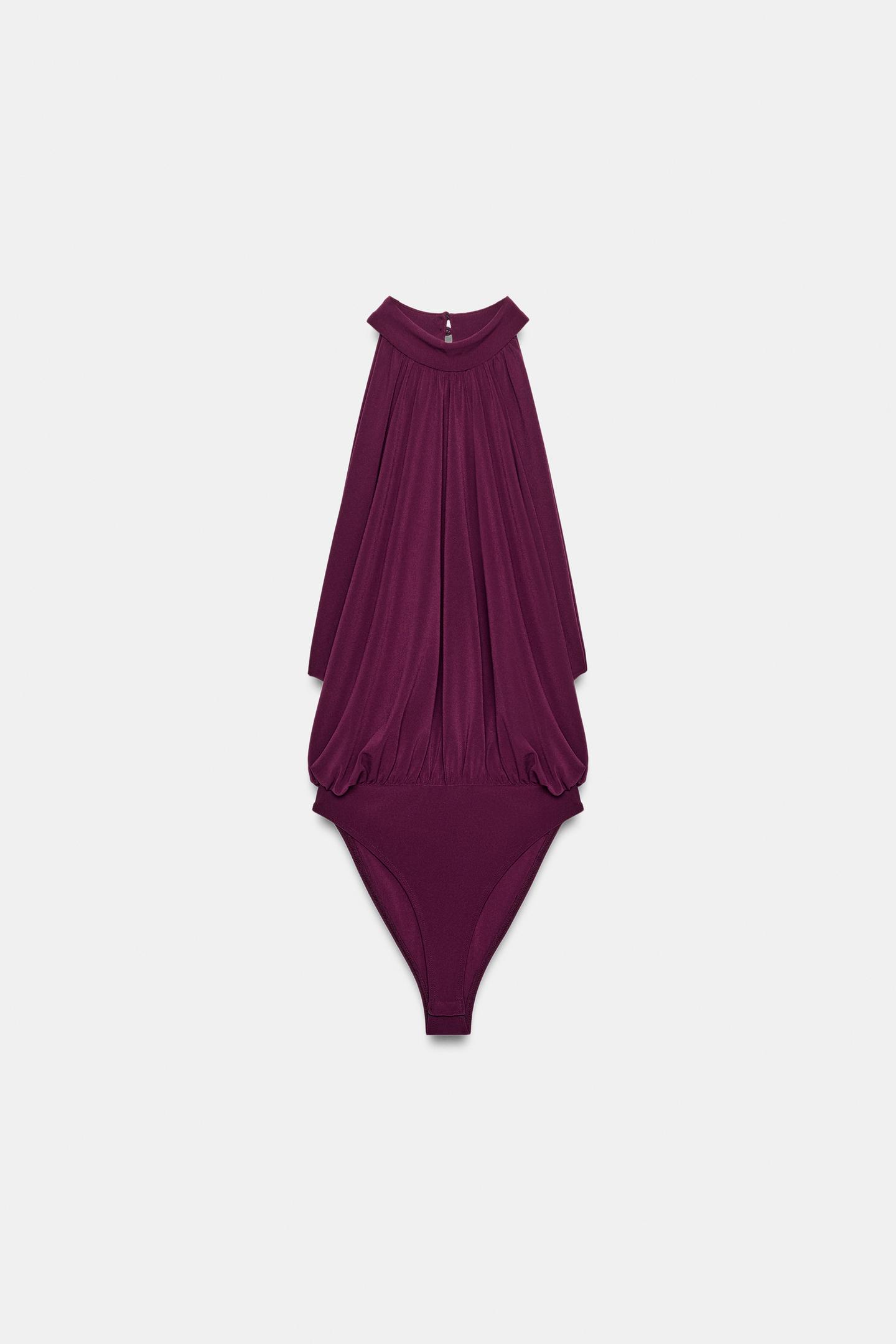 Боди Balloon, завязка на шее — Zara, цвет: Баклажановый — фото 6