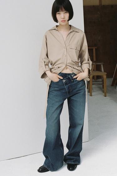 TRF WIDE-LEG CROSSED WAIST HIGH-WAIST JEANS - Navy blue by Zara