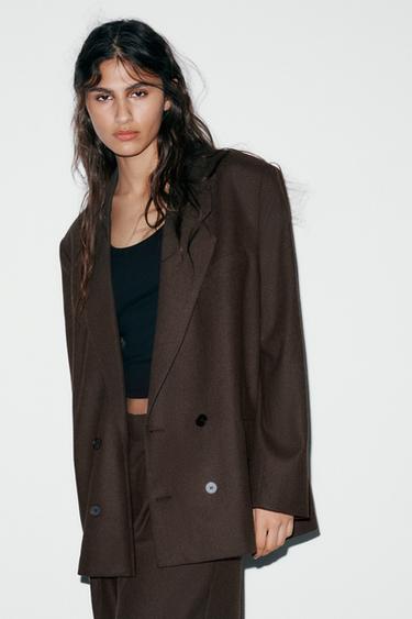 BLAZER CRUZADA HOMBRERAS - Marrón oscuro de Zara