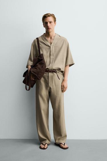 Zara 嫘縈麻混紡休閒長褲 - 貂色
