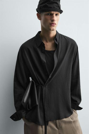 LINEN-VISCOSE TIE SHIRT - Black by Zara